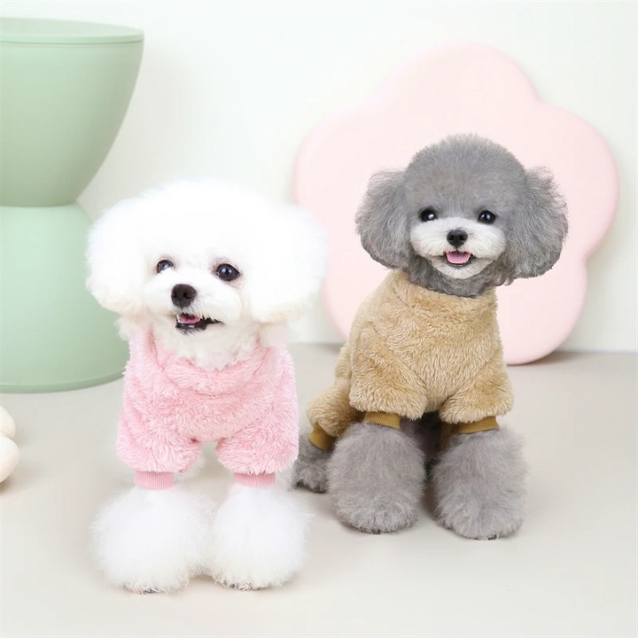 Cute dog in cozy Pet PupCoat winter jumpsuit, perfect for warm walkies. Pet apparel for small to large dogs.