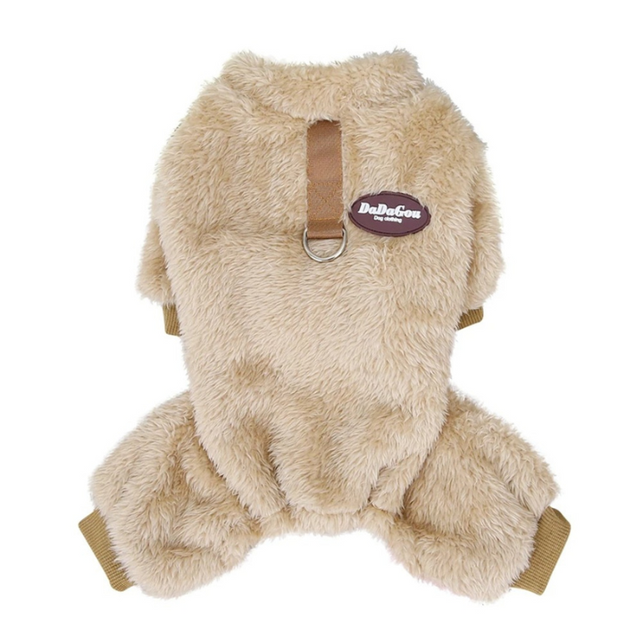 Warm Pet PupCoat jumpsuit for winter adventures. Cozy dog wear, also fits cats. Essential pet apparel & accessories.