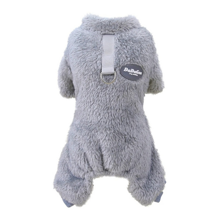 Happy dog wearing Pet PupCoat, a warm pet jumpsuit for winter walkies. Cozy dog clothes & stylish pet apparel.