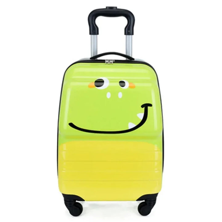Cute green dinosaur kids' hard shell carry-on suitcase with smooth spinner wheels for children's travel.