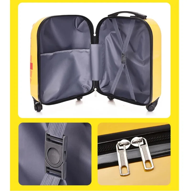 Adorable yellow giraffe animal hard shell carry-on suitcase with easy-glide spinner wheels for kids' travel.