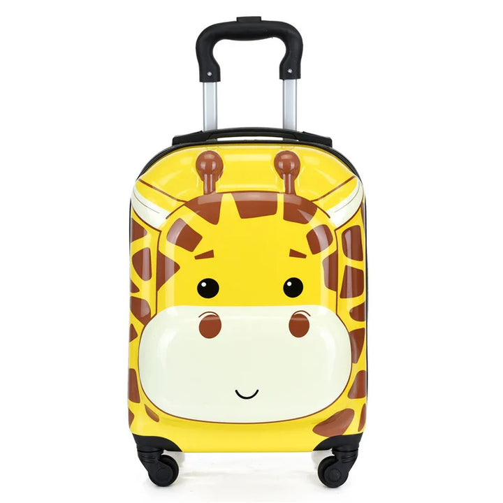 Colorful animal print hard shell kids' carry-on suitcase with spinner wheels, great for junior travel.