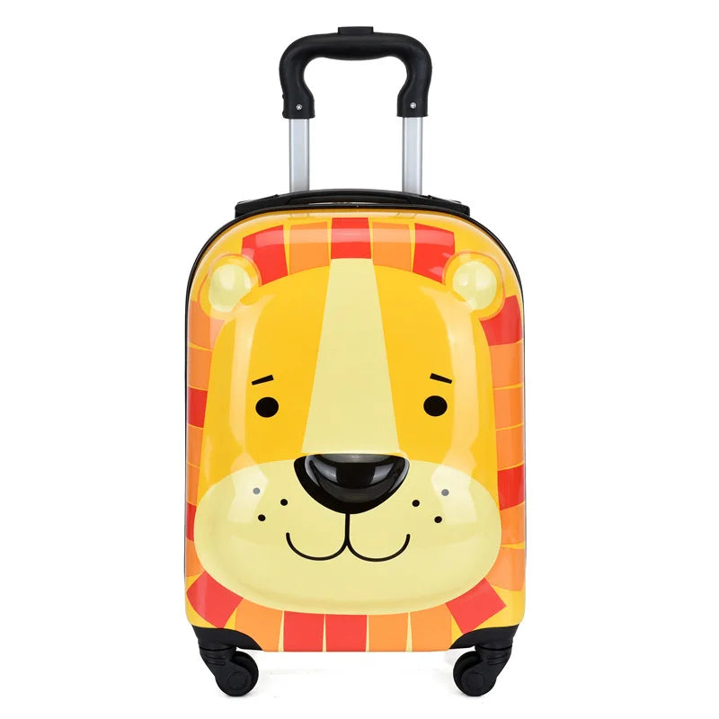 Durable hard shell children's carry-on suitcase featuring cute animal design and smooth spinner wheels.
