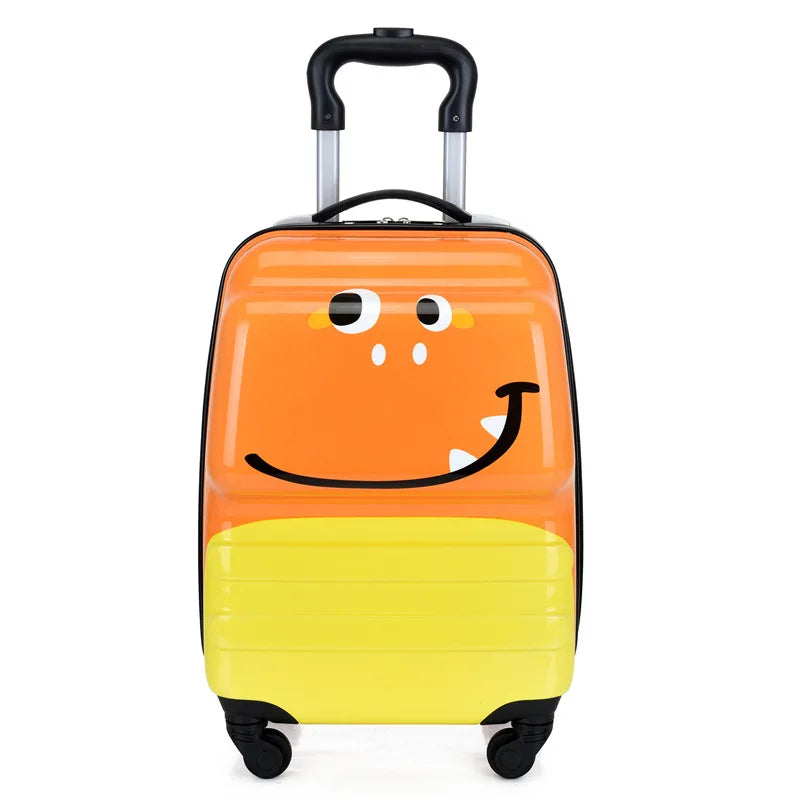 Kids' animal hard shell carry-on suitcase with spinner wheels, available in dino, lion, and giraffe designs.