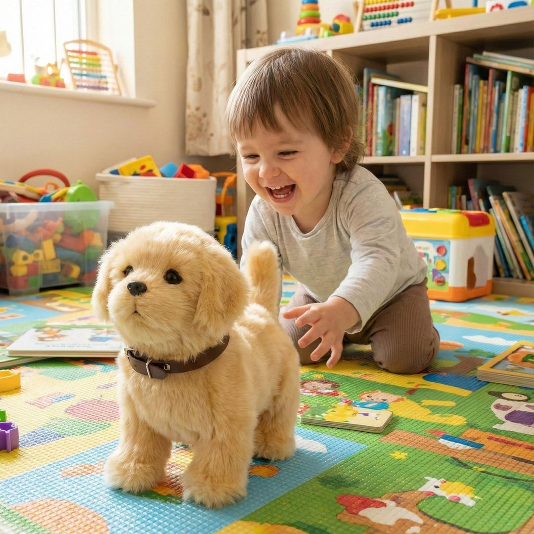 Electronic pet puppy toy with realistic walking, wagging tail, and barking for toddlers and kids.
