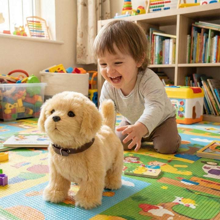 Electronic pet puppy toy with realistic walking, wagging tail, and barking for toddlers and kids.