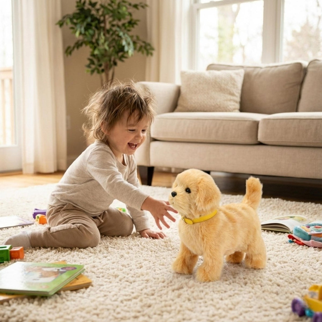 Soft plush interactive robot puppy toy with lifelike movements, a fun electronic companion for kids.