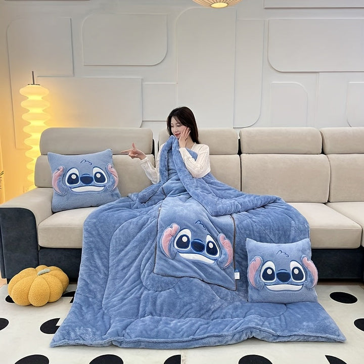 Cute Stitch plush cushion transforming into a soft, cozy blanket for travel or home comfort.