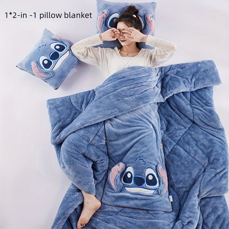 Unisex Stitch plush blanket, unfolded from its cushion form, providing warmth and coziness at home.