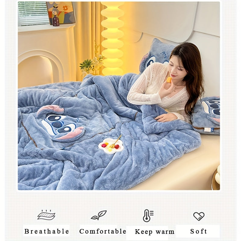 Multifunctional Stitch plush cushion converts to a cozy travel blanket, ideal for car trips or flights.