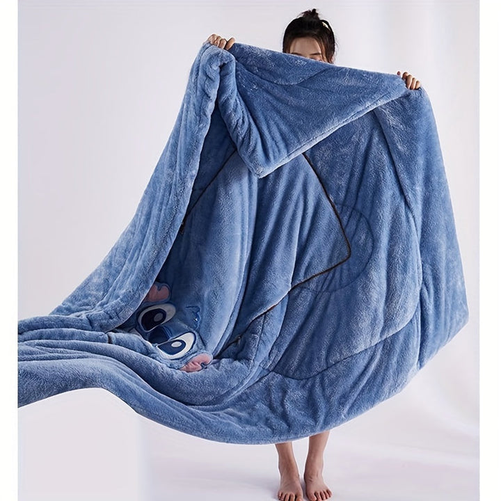 Stitch plush cushion-blanket in use on a sofa, providing cozy home comfort and a cute decorative touch.
