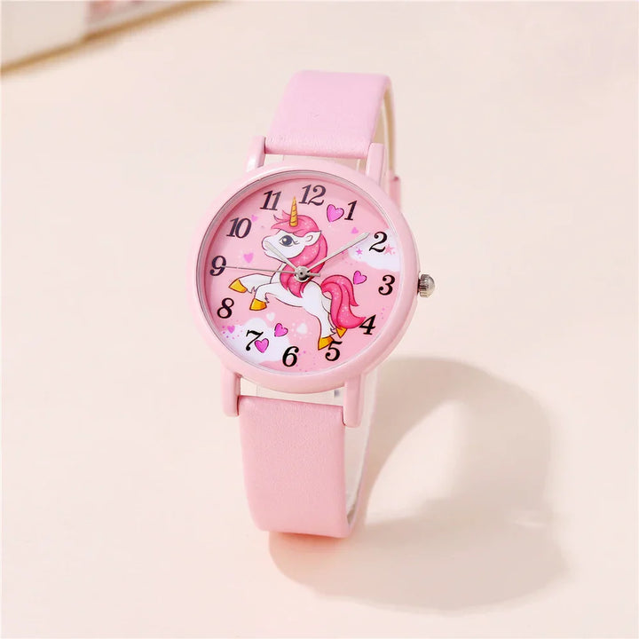 Cute unicorn children's watch with pink PU leather band & easy-read dial. Perfect girls' time teacher accessory.