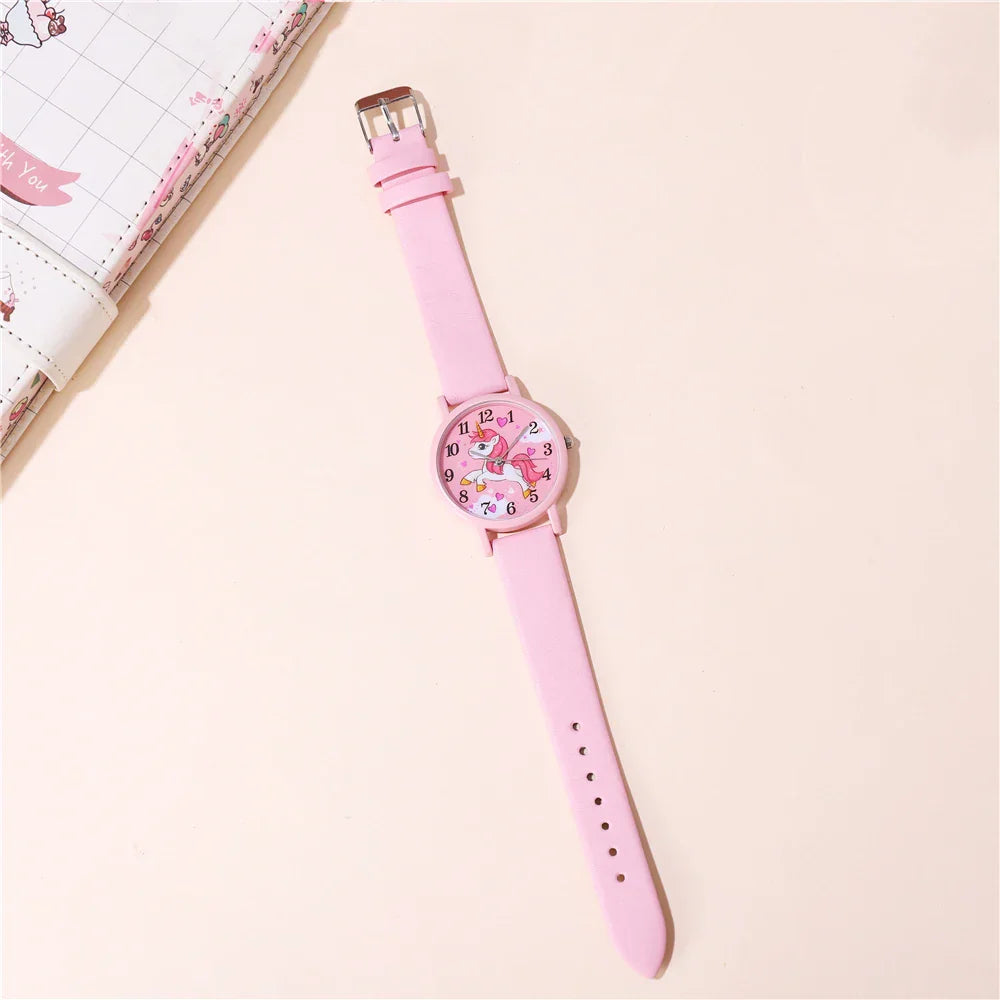Playful cartoon unicorn girls' watch featuring a durable pink PU leather band and clear, easy-read numbers.