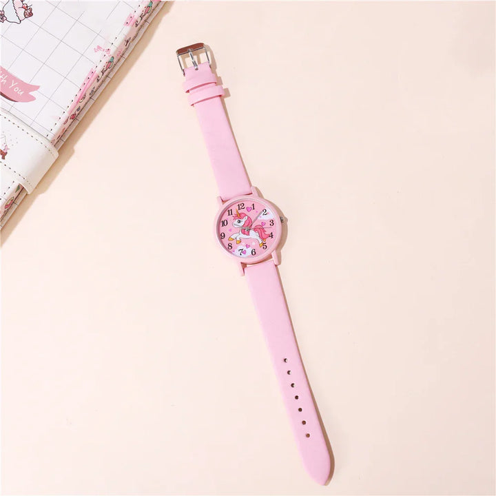 Playful cartoon unicorn girls' watch featuring a durable pink PU leather band and clear, easy-read numbers.