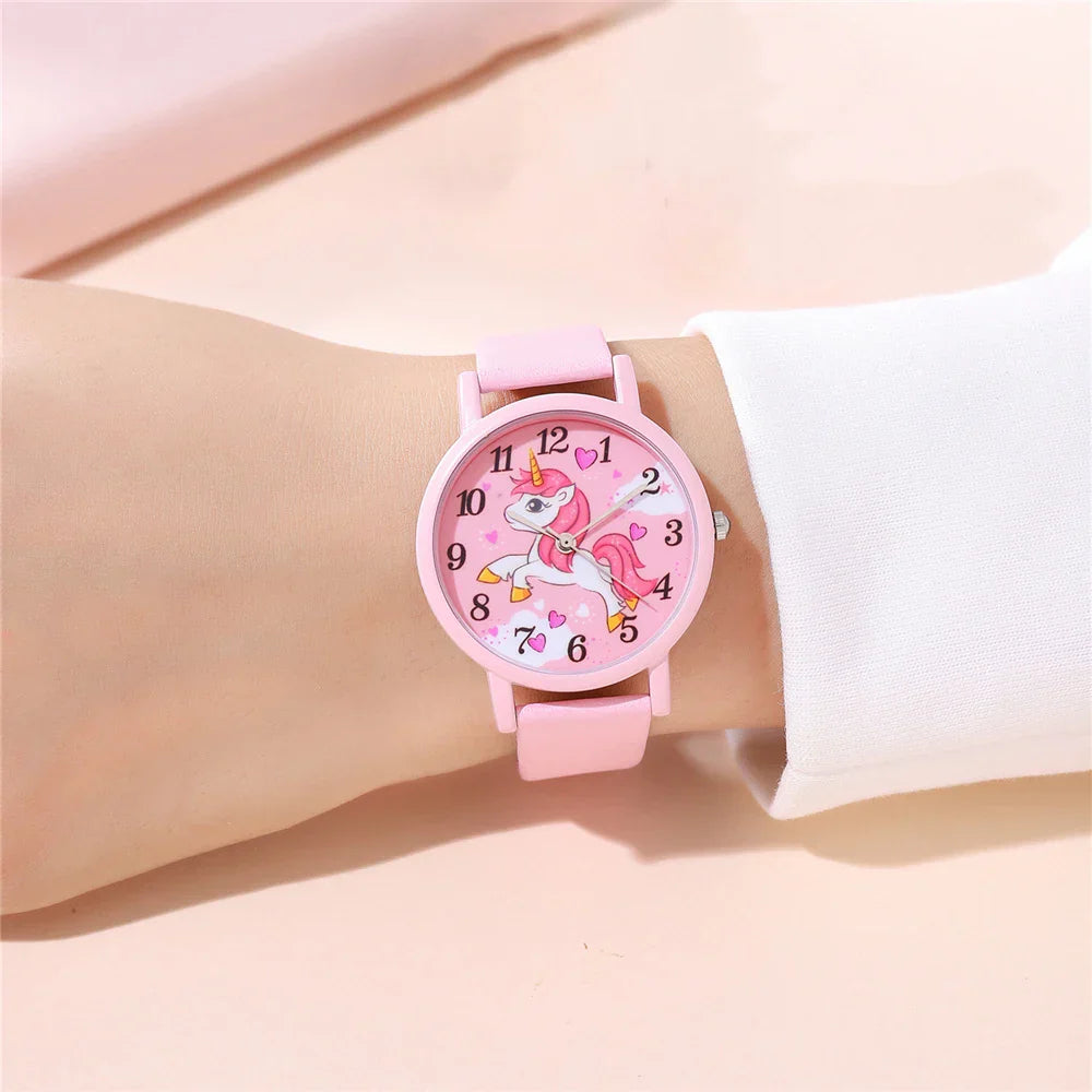 Magical unicorn children's watch, ideal gift for girls. Features a comfy pink PU leather strap & time teacher dial.