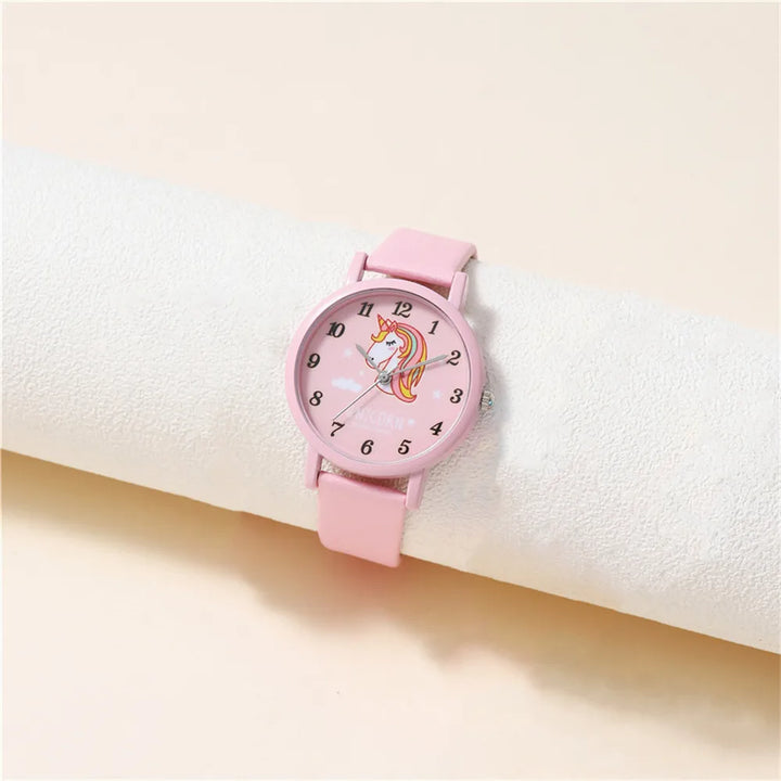 Adorable girls' unicorn watch, a fun kids' accessory with a vibrant cartoon design and comfortable pink PU leather band.