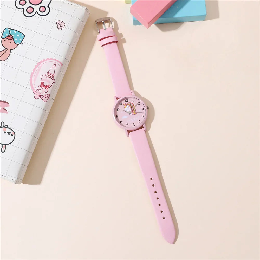 Easy-read time teacher unicorn watch for kids, featuring a cute cartoon dial and stylish pink PU leather strap.