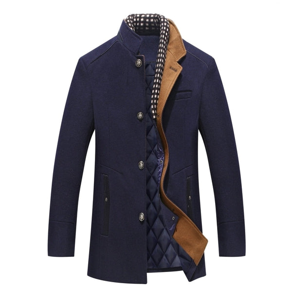 Dapper men's winter wool blend mid-length coat in classic style, front view