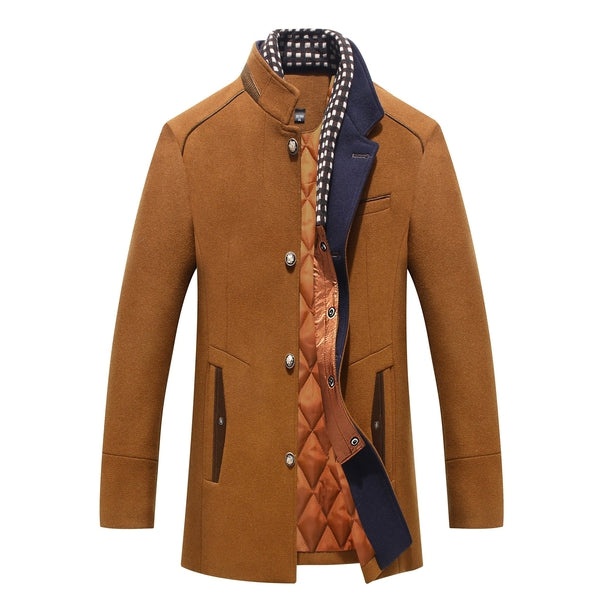 Men's classic dapper wool blend mid-length winter coat, side view, warm outerwear