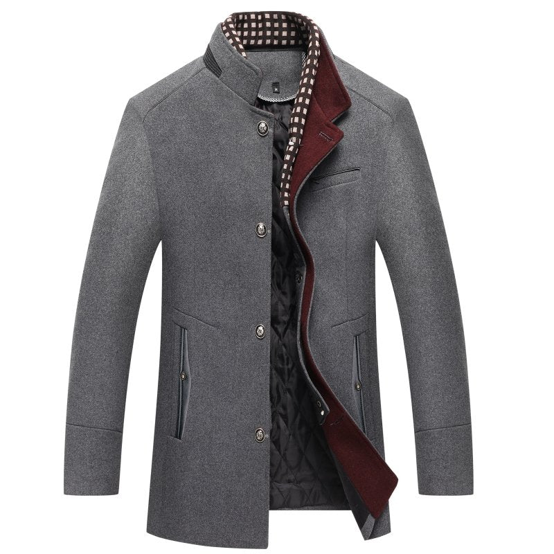 Close-up of wool blend fabric on men's dapper mid-length winter coat, texture detail