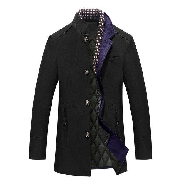Back view of men's elegant dapper mid-length winter coat, classic style outerwear