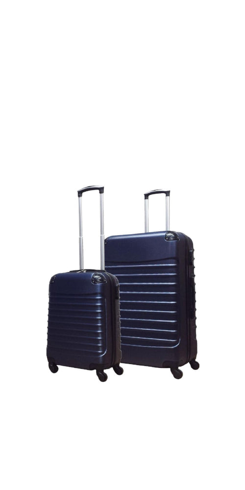 Dark blue hard shell 2-piece luggage set with spinner wheels for travel.