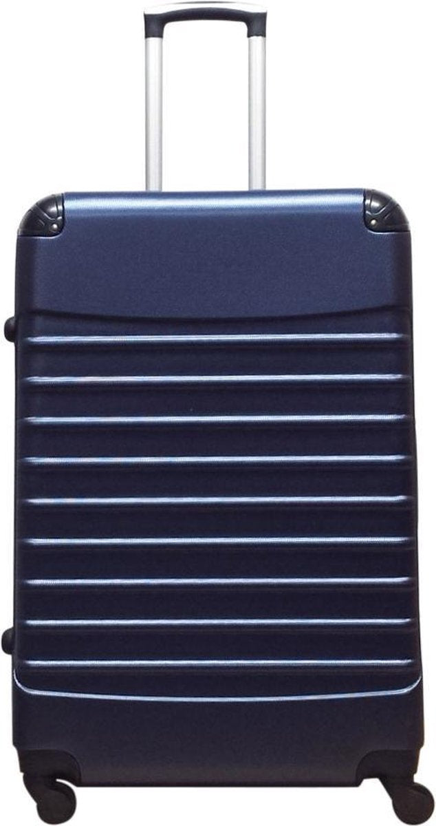 Easy-to-maneuver dark blue hard shell 2-piece luggage set with spinner wheels for travel.