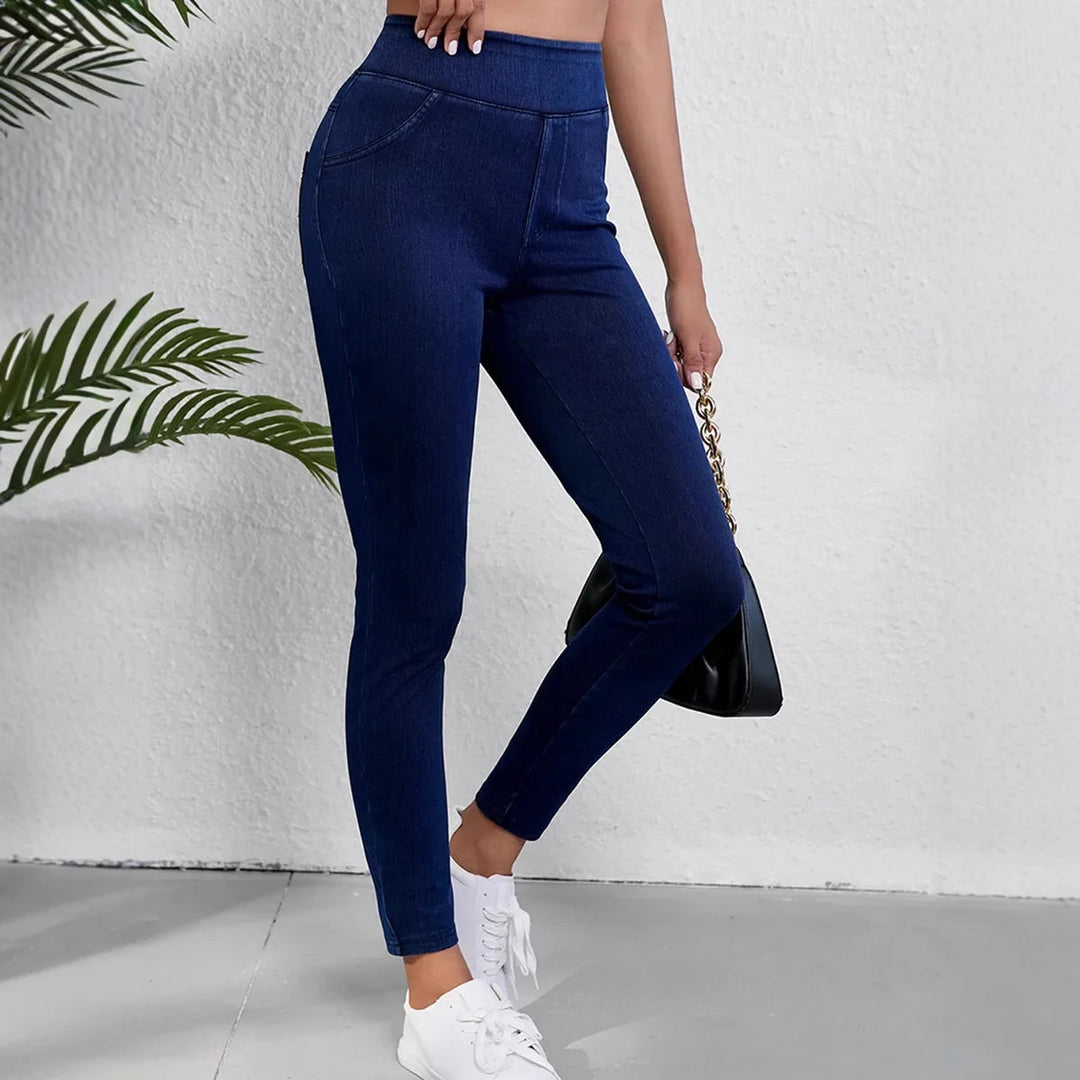 Black women's slim fit high-rise stretch jeans, ideal for comfortable and stylish winter fashion.