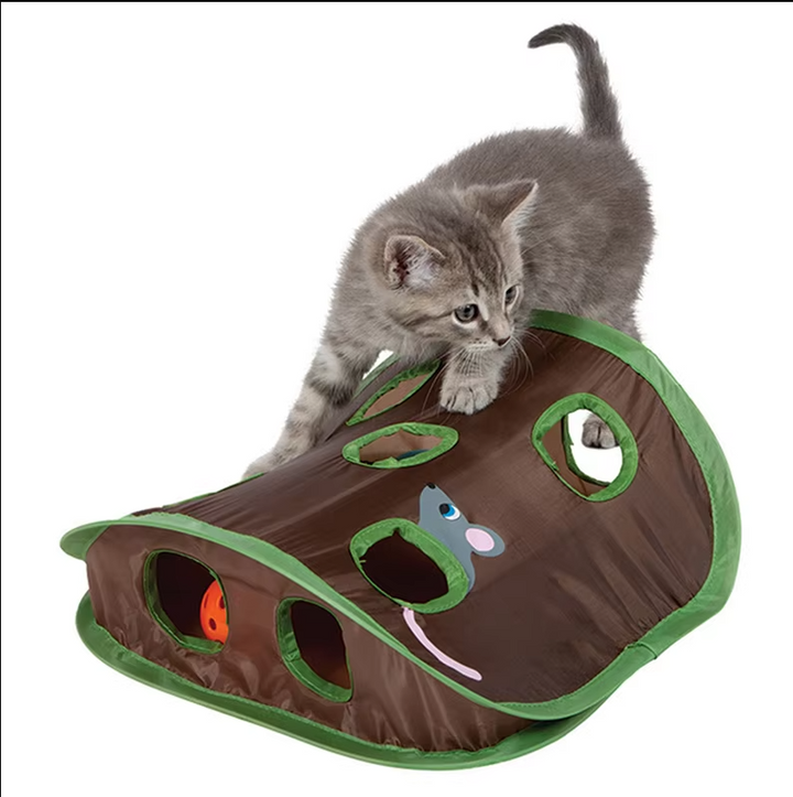 Feline enrichment interactive cat play mat for endless hide and seek & hunting fun. Durable pet activity toy.