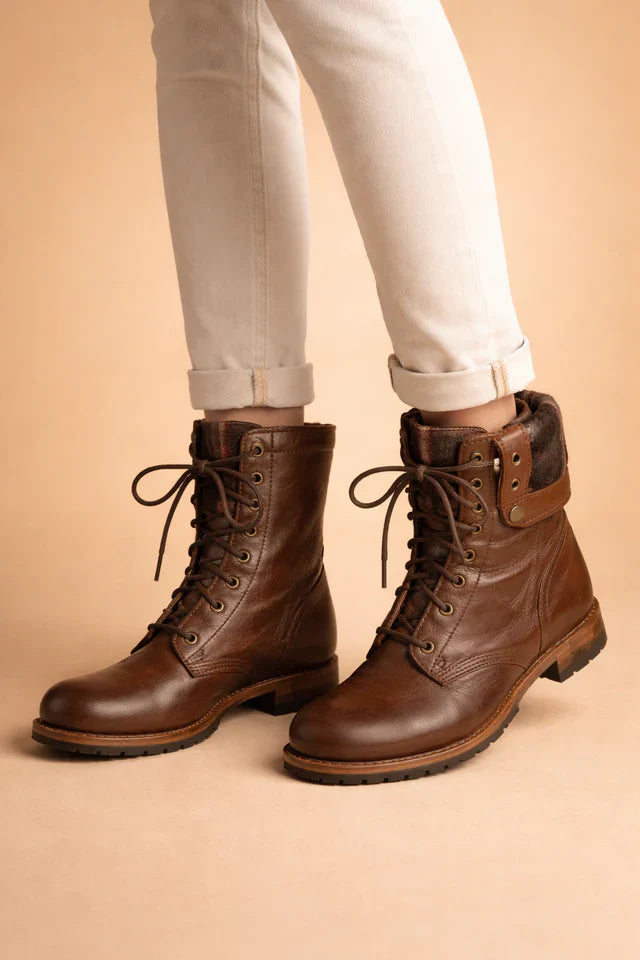 Stylish dark brown women's lace-up combat ankle boots for everyday wear. Durable casual fall & winter footwear.