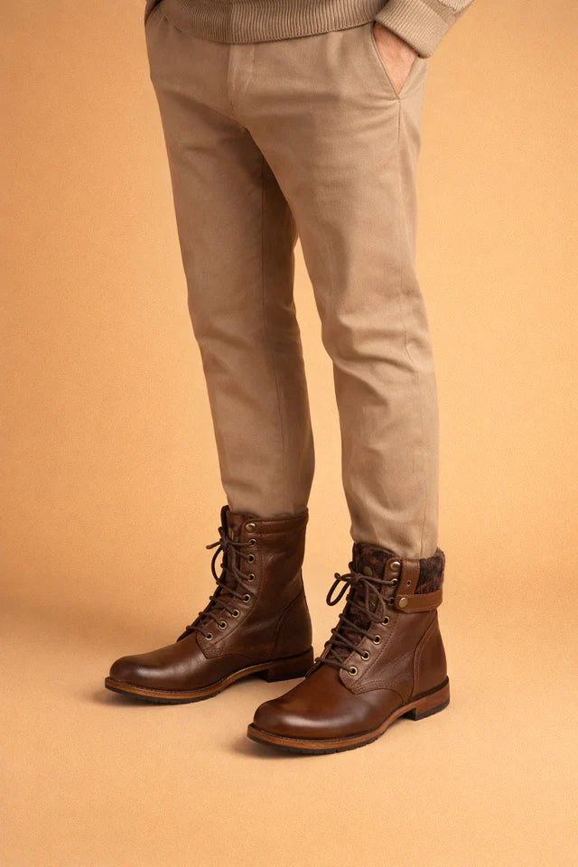 Durable dark brown women's combat boots with lace-up design. Stylish ankle boots for fall & winter fashion.