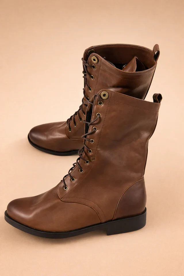 Dark brown women's retro lace-up ankle boots. Stylish and comfortable fall/winter footwear with adjustable fit.