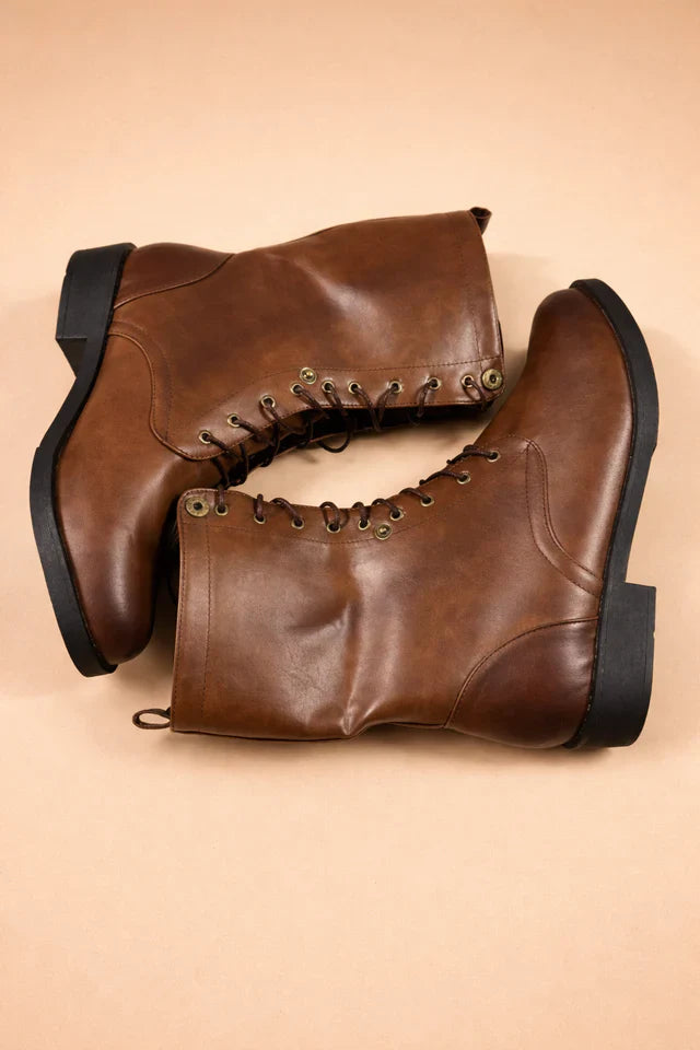 Women's comfortable dark brown retro ankle boots with functional lace-up design for adjustable all-day comfort.