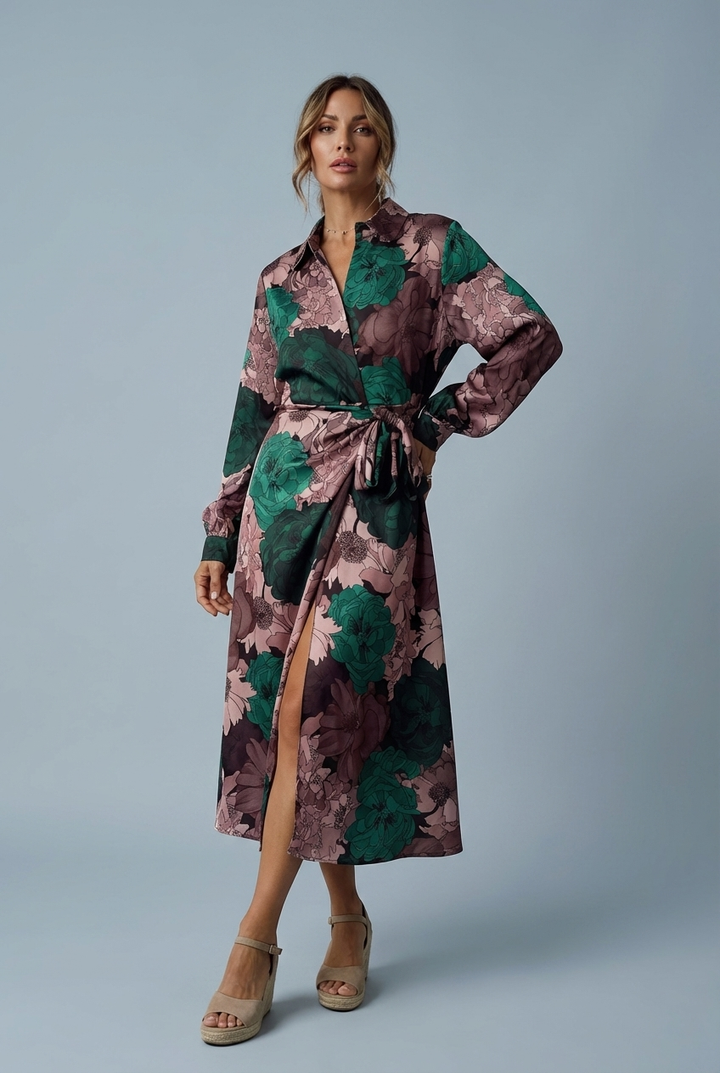 Dark green floral long sleeve tie waist shirt maxi dress for women, elegant and perfect for occasions.