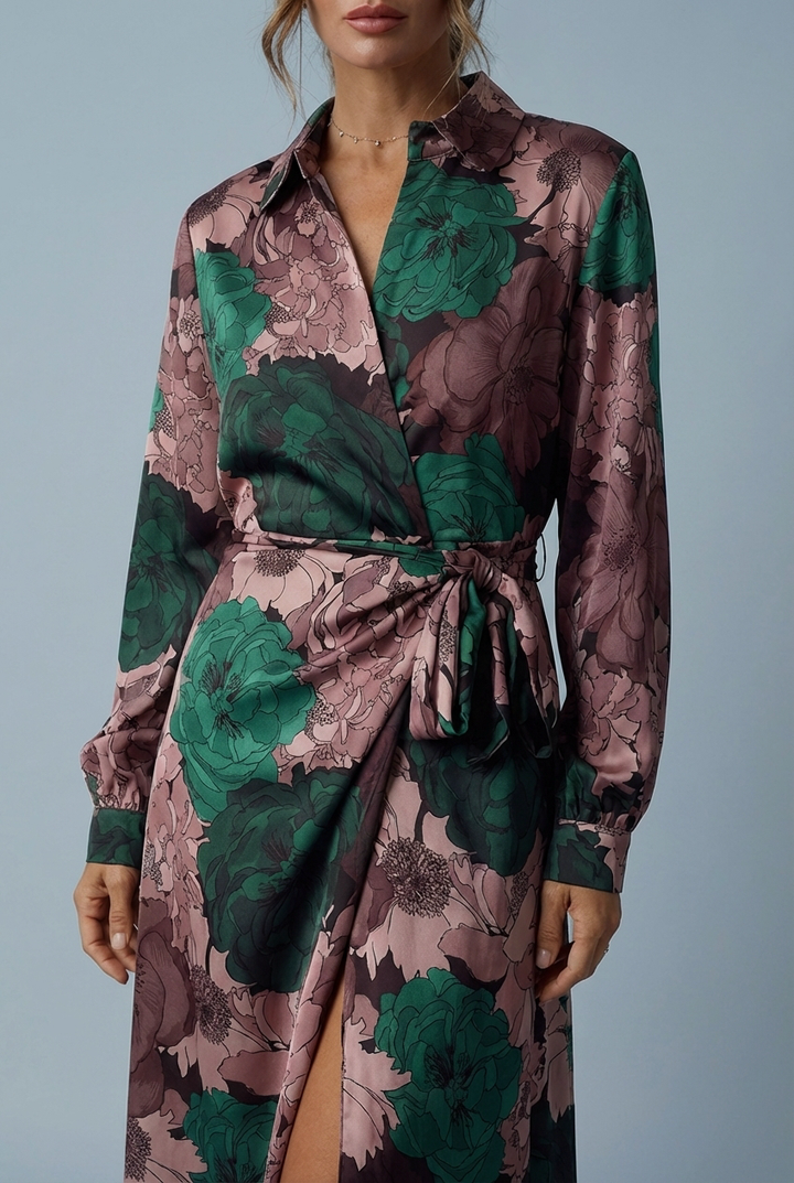 Women's elegant floral maxi dress with long sleeves & tie waist. Stylish for parties & special occasions.