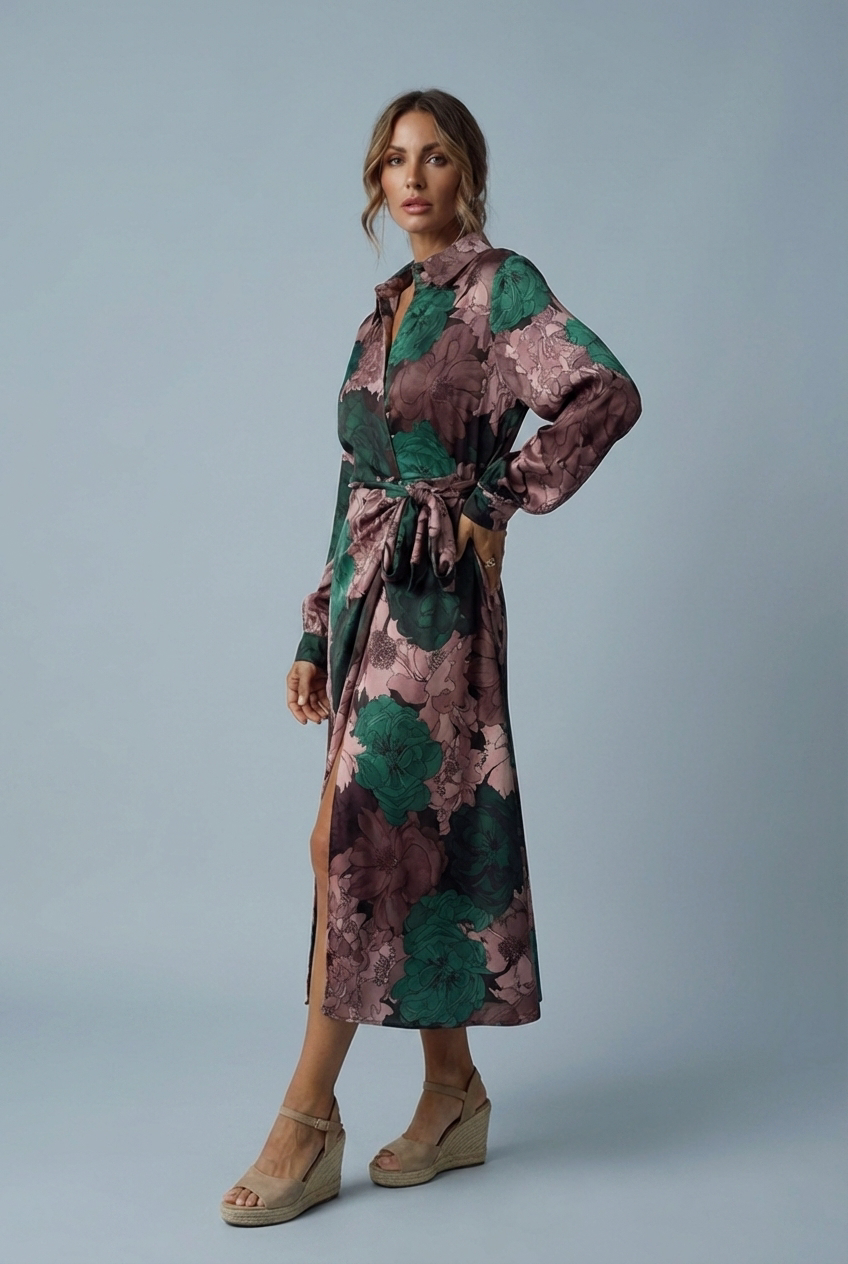 Graceful floral long sleeve maxi dress for women, featuring a chic tie waist. Ideal for elegant fashion.