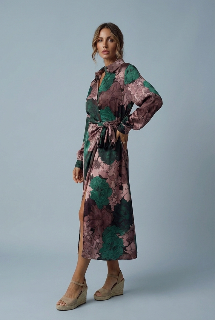Graceful floral long sleeve maxi dress for women, featuring a chic tie waist. Ideal for elegant fashion.