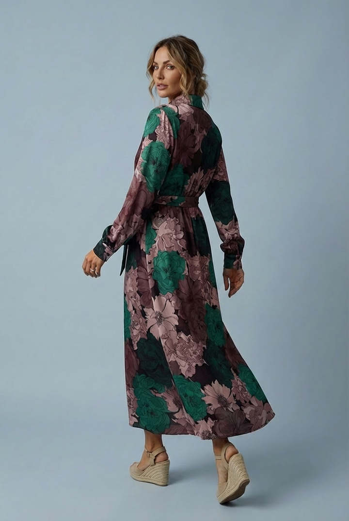 Women's dark green floral print long sleeve shirt dress, elegant maxi style with a flattering tie waist.