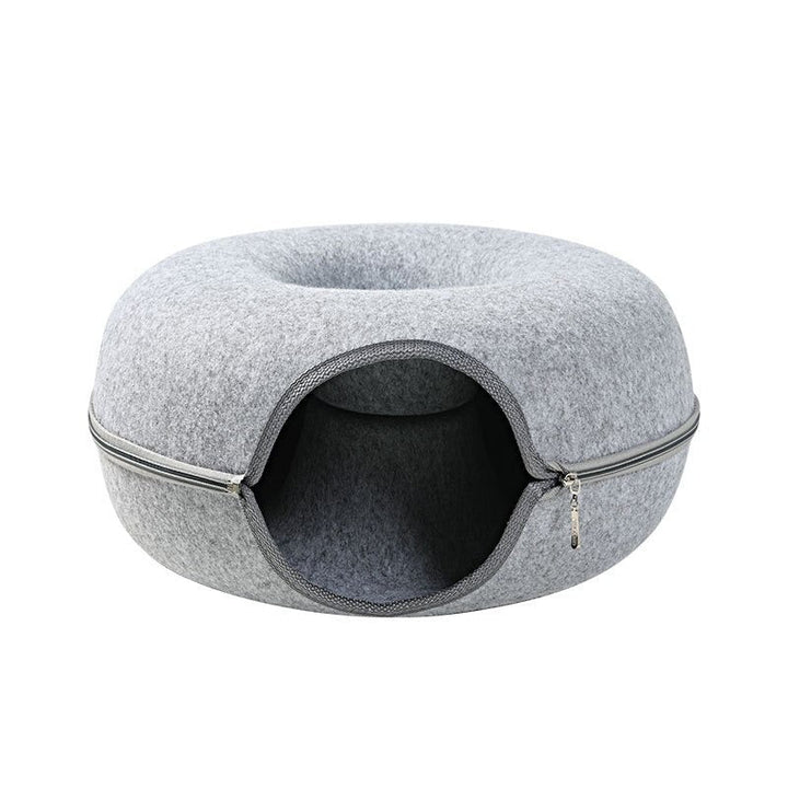 Plush grey cat cave bed, purr-fect for feline comfort, play, & a cozy pet hideaway. Ideal for relaxation.