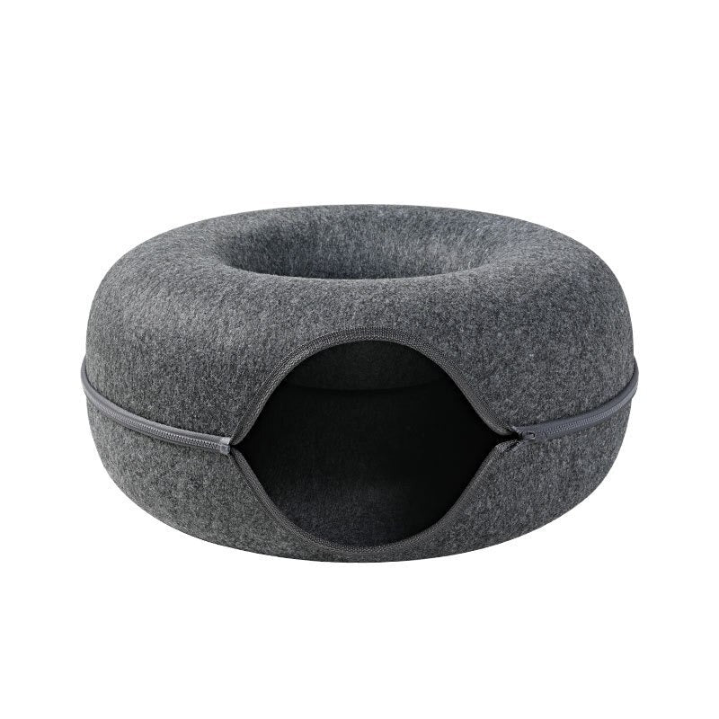 Soft dark grey cat bed cave, ideal for pet comfort, relaxation, and stress relief. A cozy donut shape.