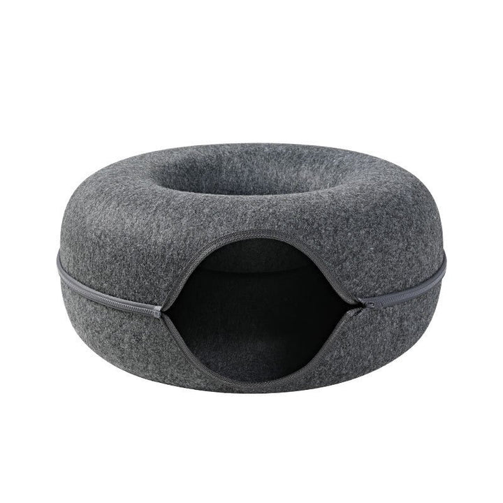 Soft dark grey cat bed cave, ideal for pet comfort, relaxation, and stress relief. A cozy donut shape.