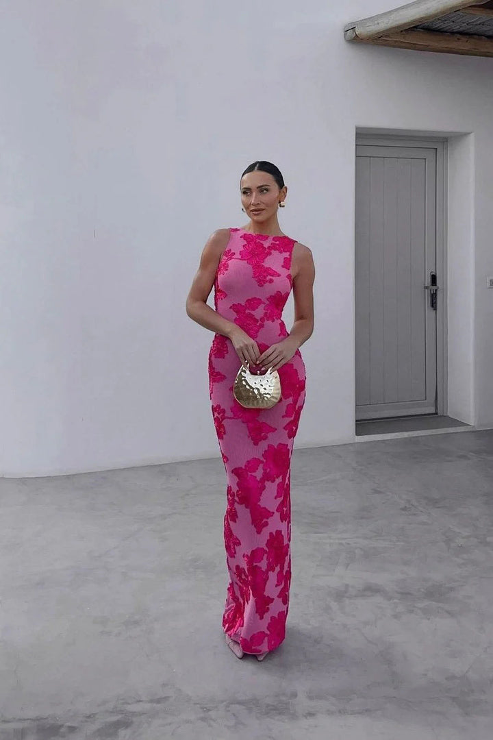 Detailed floral embroidered dark pink sleeveless maxi dress for women, a stylish long dress for evening events.