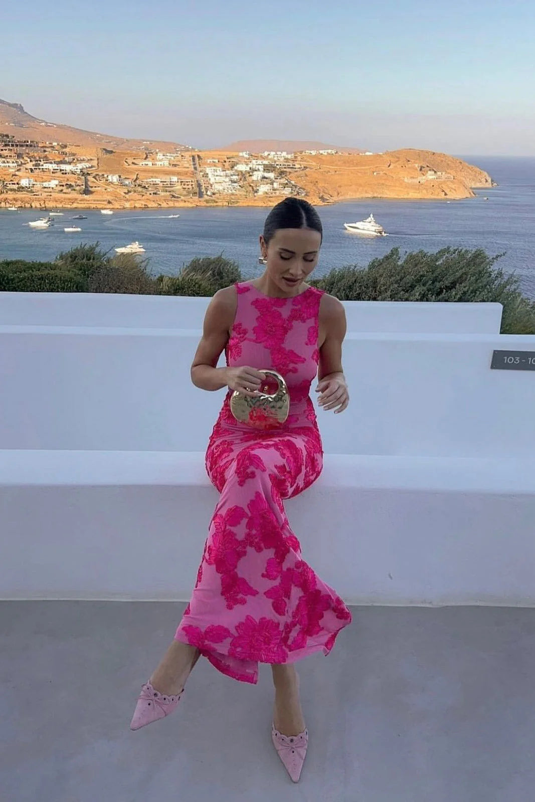 Stunning dark pink floral embroidered sleeveless women's maxi dress, excellent formal wear for special occasions.