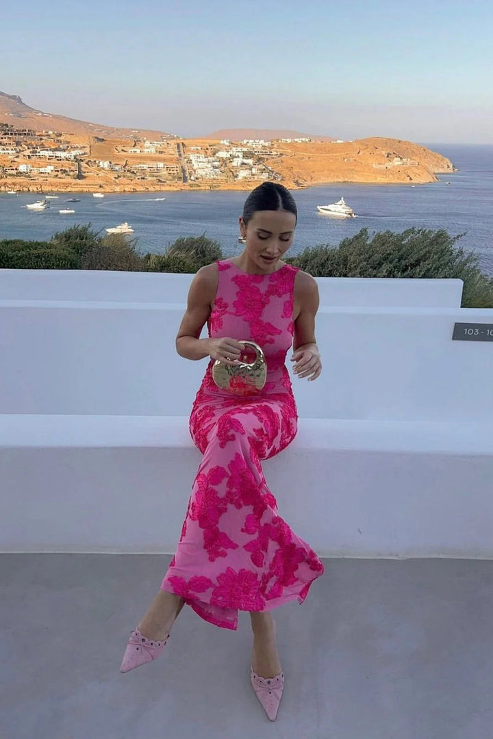 Stunning dark pink floral embroidered sleeveless women's maxi dress, excellent formal wear for special occasions.