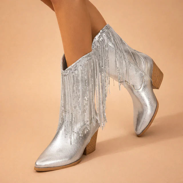 Dazzling women's sequin cowboy boots with fringe, pointed toe, and block heel, perfect for parties & festivals.