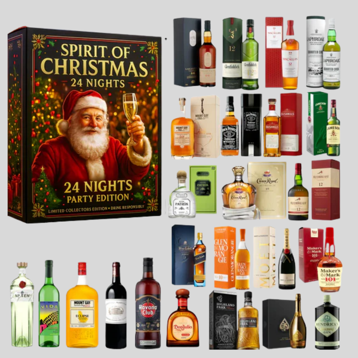 Assortment of decorative bottles from Beverage Bottle Advent Calendar 2025 for a festive holiday gift.