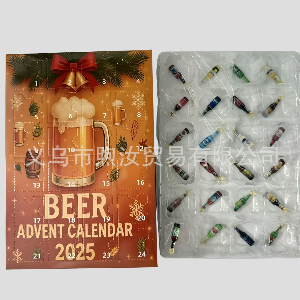 Decorative Beverage Bottle Advent Calendar 2025, showcasing festive Christmas decor elements.