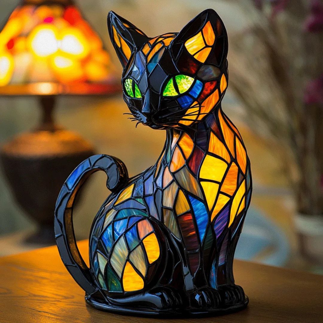 Decorative mosaic cat lamp casting warm ambient light, perfect for stylish home decor & unique lighting.