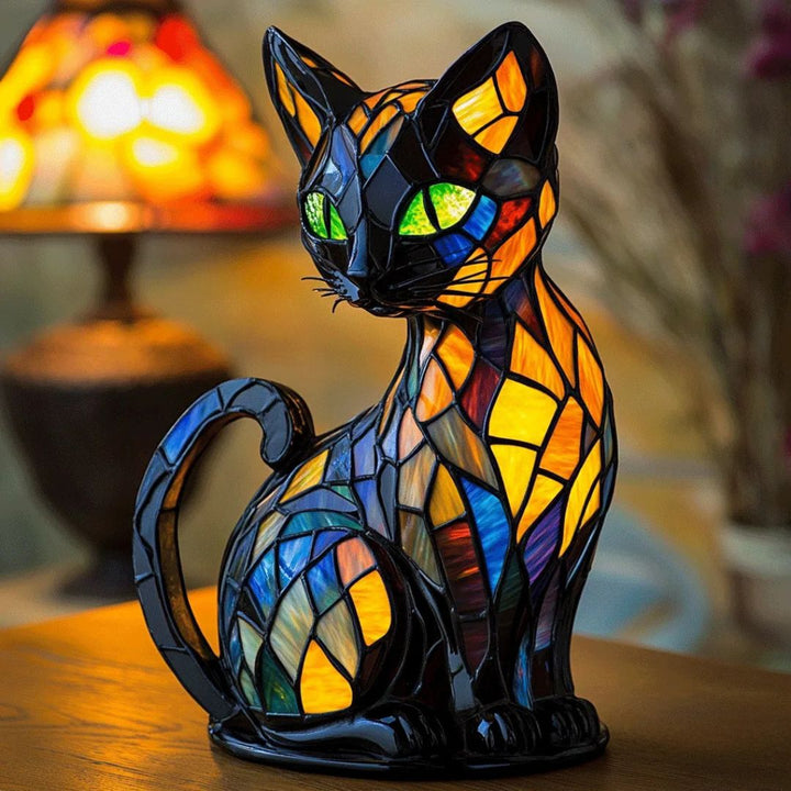 Decorative mosaic cat lamp casting warm ambient light, perfect for stylish home decor & unique lighting.