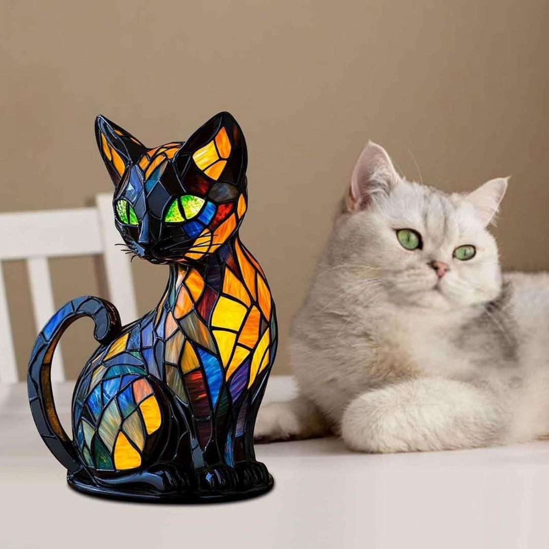 Elegant mosaic cat table lamp, a charming piece of home decor, offering warm ambient light for any stylish interior.